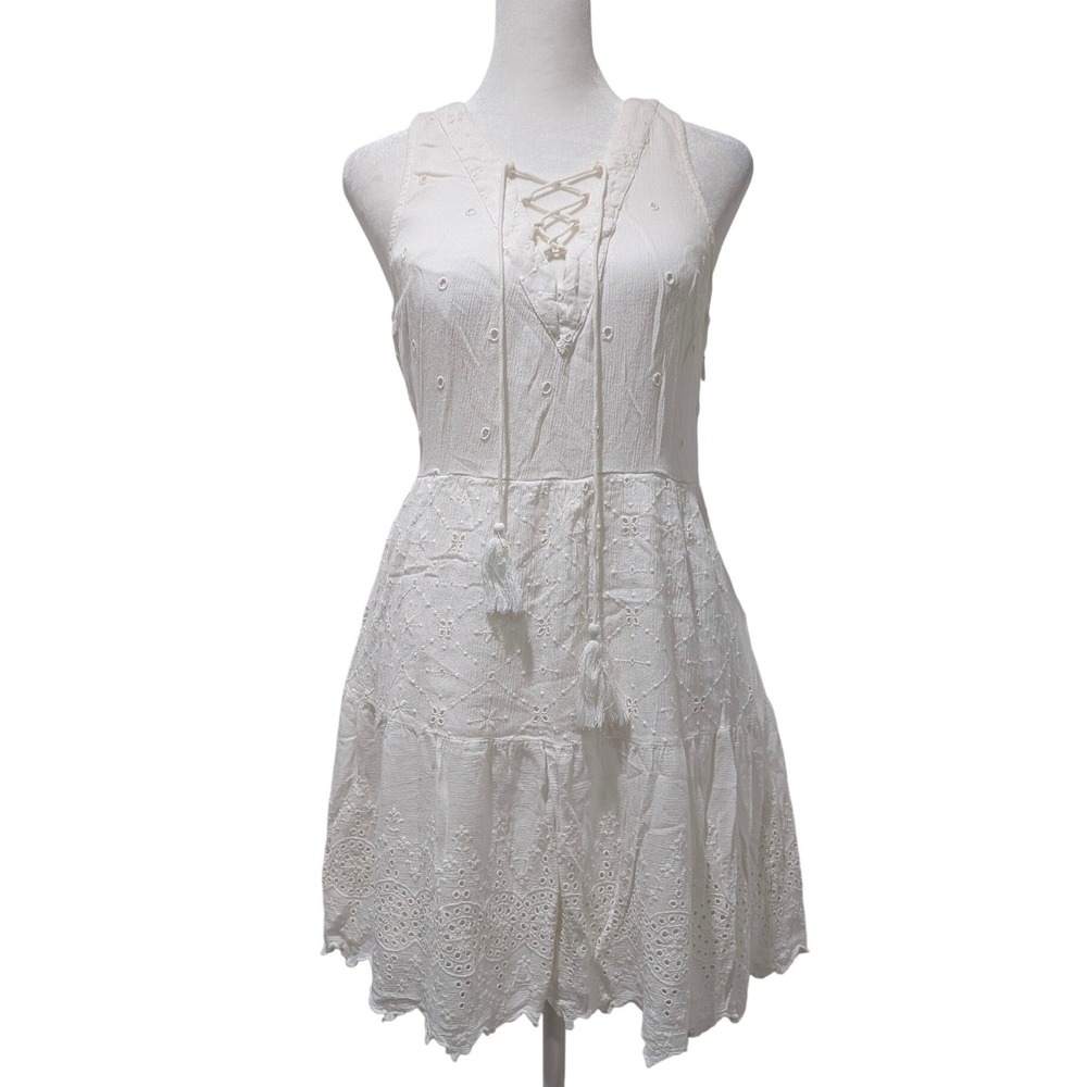 Hollister White Eyelet Lace Up Tassel Summer Mini Dress Boho Tiered Sleeveless M